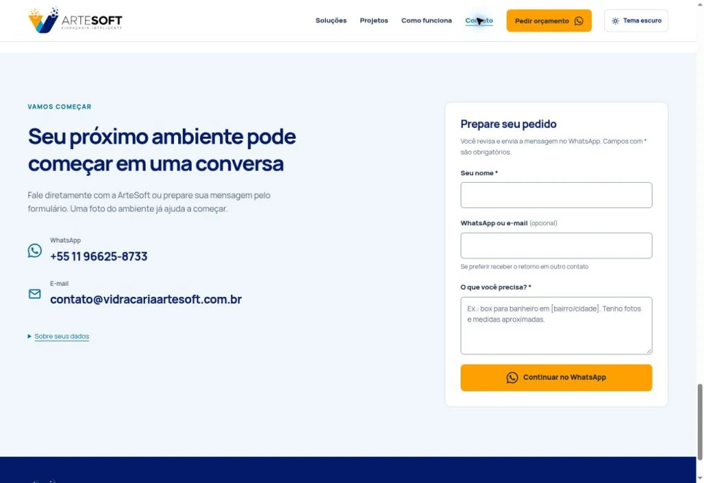 Seção de contato com acesso ao WhatsApp, e-mail e formulário para preparar um pedido de orçamento.