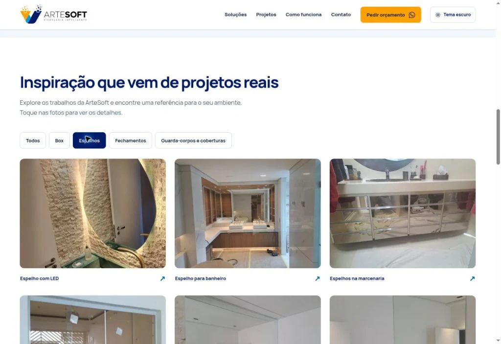 Filtro de espelhos selecionado na galeria, com referências de espelhos em diferentes ambientes.
