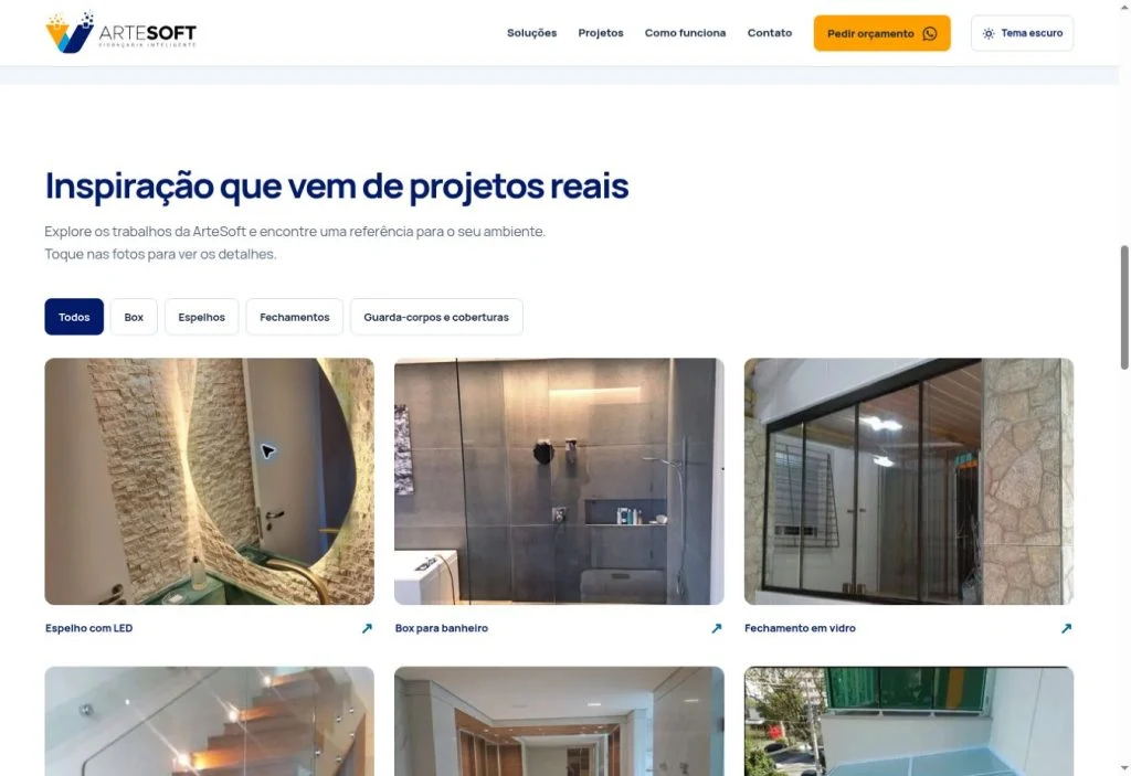 Galeria de projetos da ArteSoft com filtros para box, espelhos, fechamentos e guarda-corpos e coberturas.