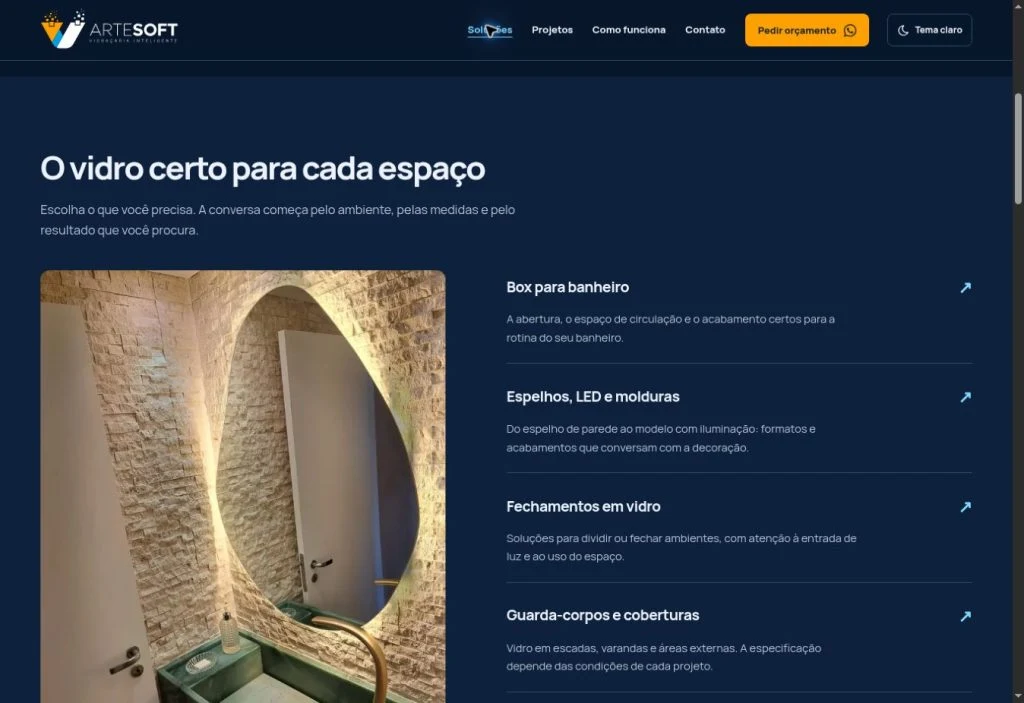 Seção de soluções da ArteSoft no tema escuro, com opções de box, espelhos, fechamentos, guarda-corpos e coberturas.
