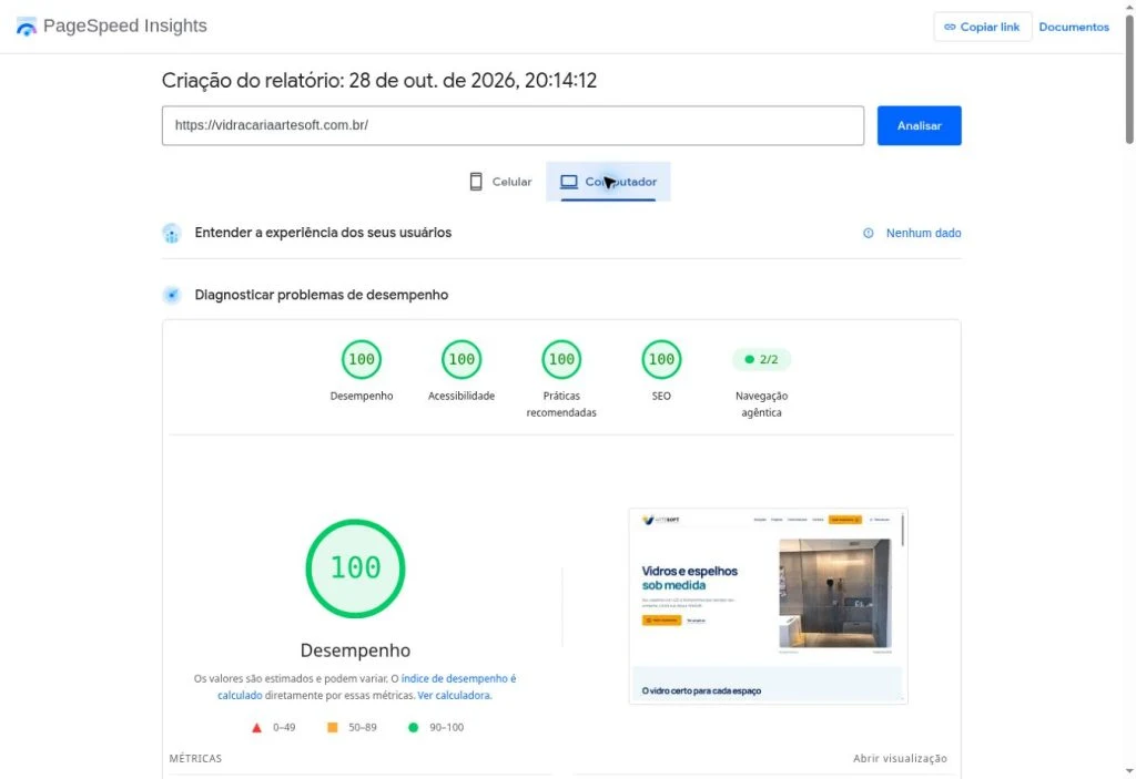 Relatório de laboratório do PageSpeed Insights para desktop com nota 100 em desempenho, acessibilidade, práticas recomendadas e SEO.