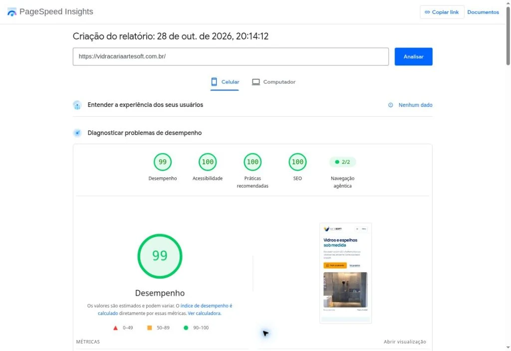Relatório de laboratório do PageSpeed Insights para celular, com desempenho 99 e notas 100 em acessibilidade, práticas recomendadas e SEO.
